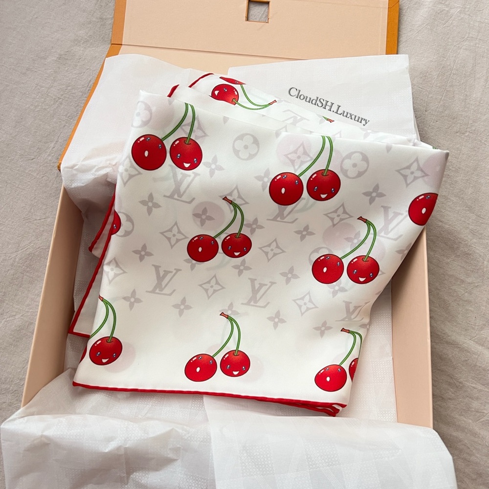 Auth BNIB Louis Vuitton x Takashi Murakami Logo Cherry White Silk Scarf